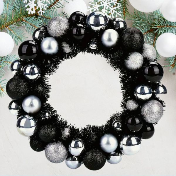 Weihnachtskranz 33 cm Schwarz & Weiß Glam-Style mit Hochglanz-Kugeln
