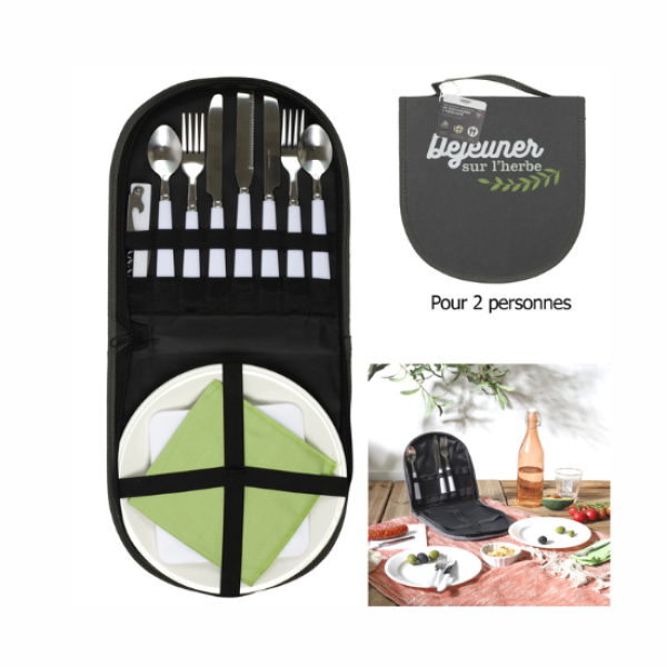 Picknick Set 2 Personen Stahl Besteck Teller Becher Tasche 24×24×4 cm